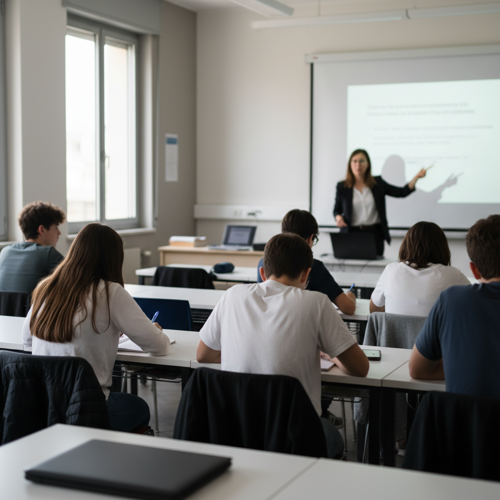 lezione in aula su AI literacy con docente al proiettore e studenti che prendono appunti, cittadinanza digitale