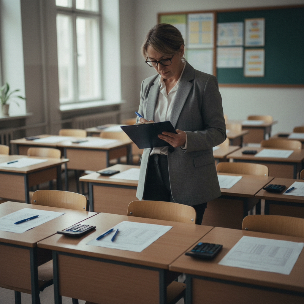 aula con verifiche stampate e docente con griglia di valutazione su clipboard, generazione esercizi e rubriche