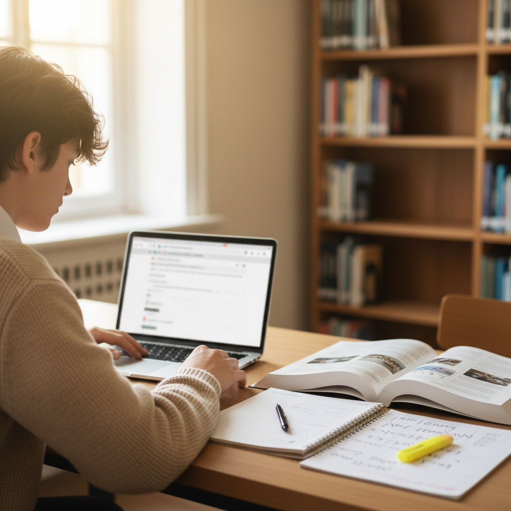 Studente in biblioteca con laptop e libro aperto, taccuino per parole chiave, luce naturale, ricerche e fonti affidabili con ChatGPT