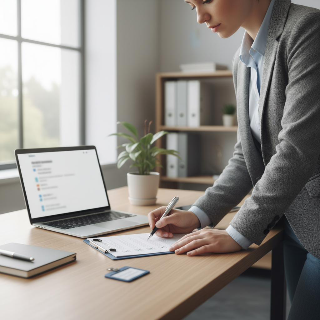 docente spunta checklist GDPR accanto a laptop, impostazioni privacy e conformità dati studenti