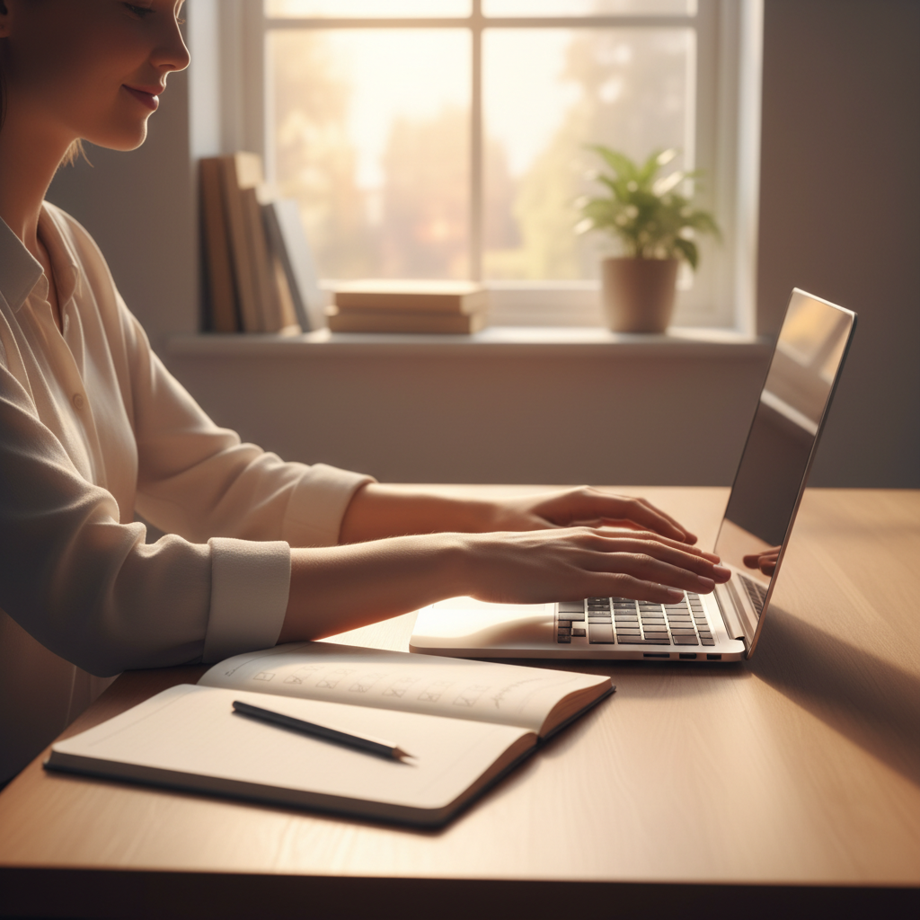 Studente che chiude il laptop con espressione soddisfatta, taccuino con lista completata e matita, luce calda al tramonto, conclusioni e call to action