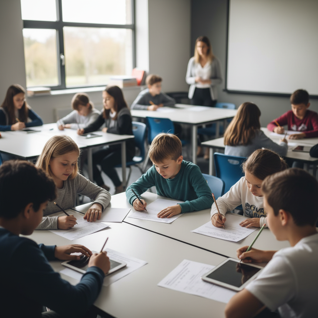 studenti lavorano in piccoli gruppi con esercizi graduati e tablet, differenziazione e personalizzazione per livelli