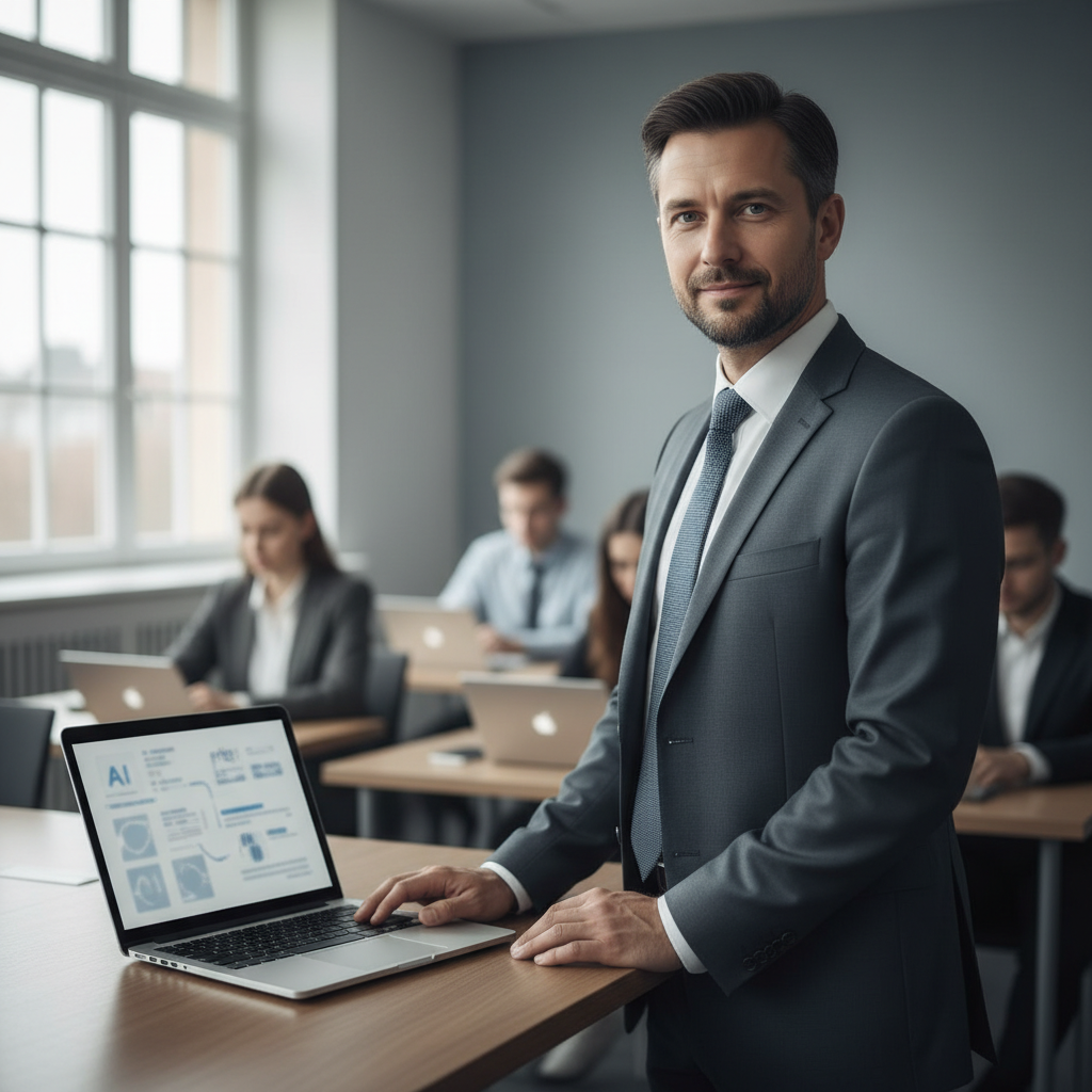 docente in aula moderna con laptop e interfaccia AI sfocata, introduzione a ChatGPT per la didattica