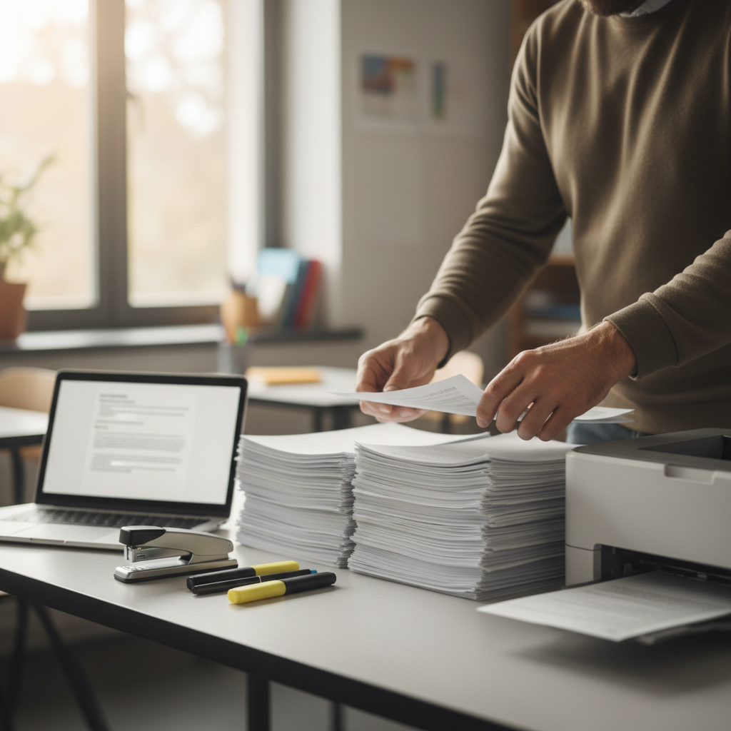 docente stampa e organizza schede didattiche con laptop aperto, creazione di schede, quiz, rubriche e compiti