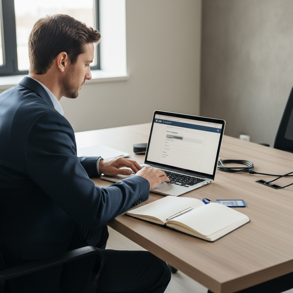 docente in ufficio scolastico che configura account e privacy su laptop, impostazioni iniziali