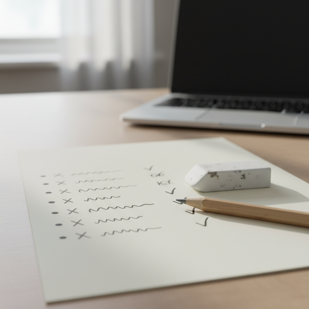 Primo piano di appunti con elenco puntato e simboli errore/ok, gomma e matita, laptop sfocato, errori comuni da evitare