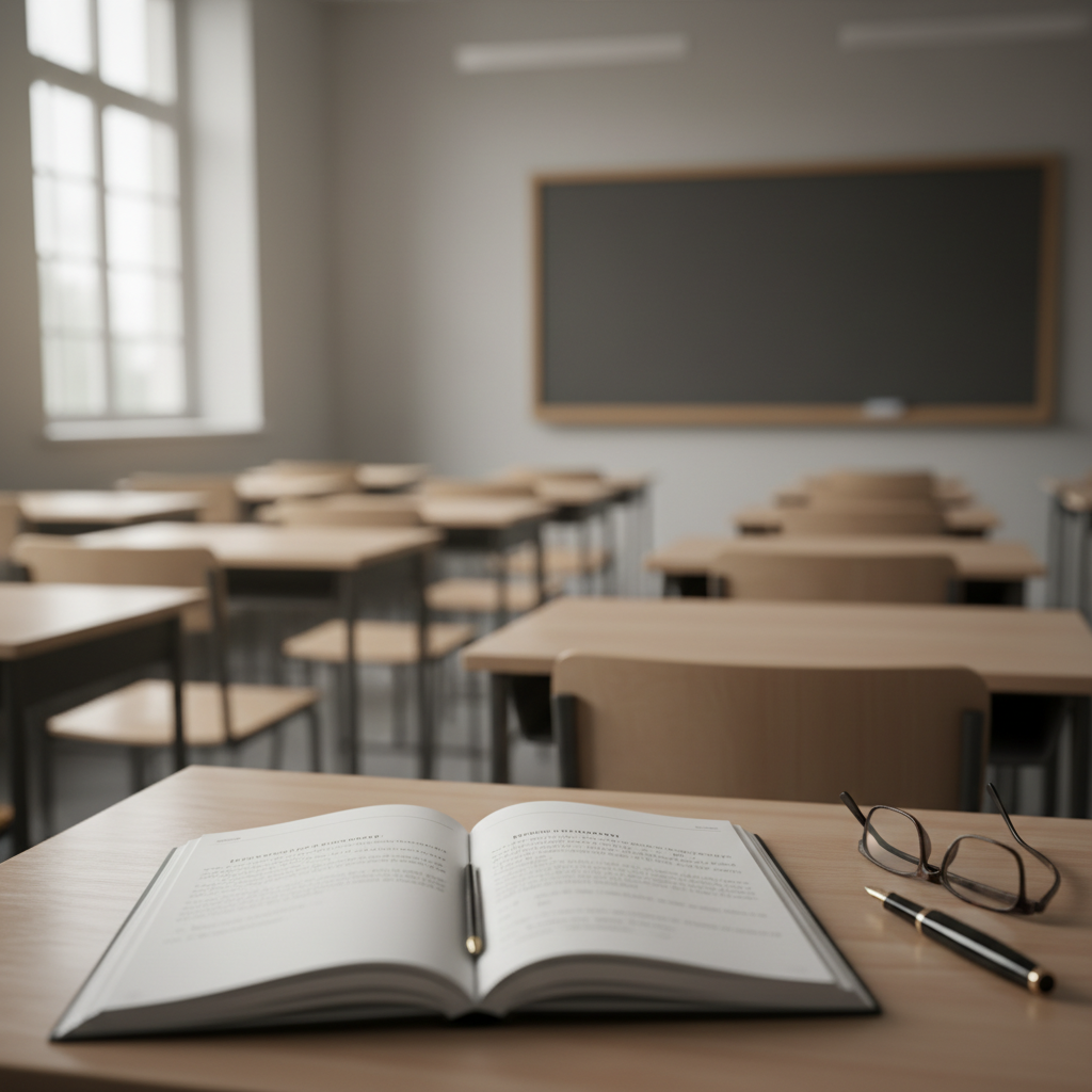 Aula scolastica vuota con quaderno, penna e occhiali in primo piano, lavagna sullo sfondo, etica e originalità anti-plagio