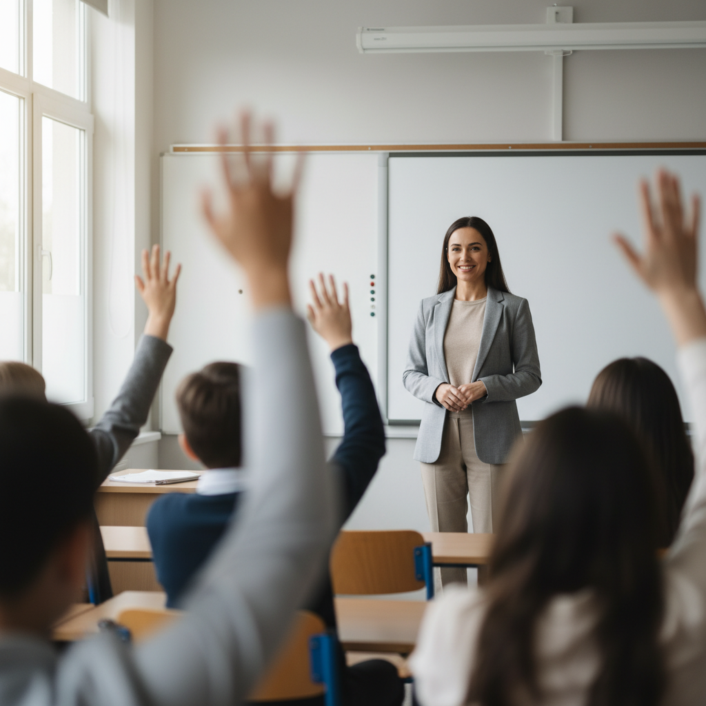 Docente in aula risponde a domande con mani degli studenti alzate, lavagna pulita sullo sfondo, luce naturale, FAQ ChatGPT scuola