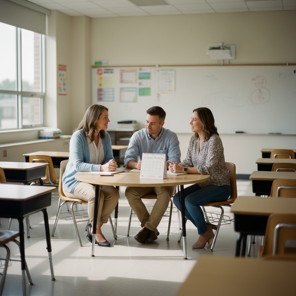 insegnante incontra due genitori in aula vuota, gestione classe e comunicazione scuola–famiglia