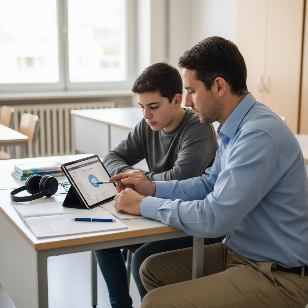 Docente di sostegno supporta studente con DSA con tablet a caratteri grandi e cuffie, luce naturale, inclusione e accessibilità