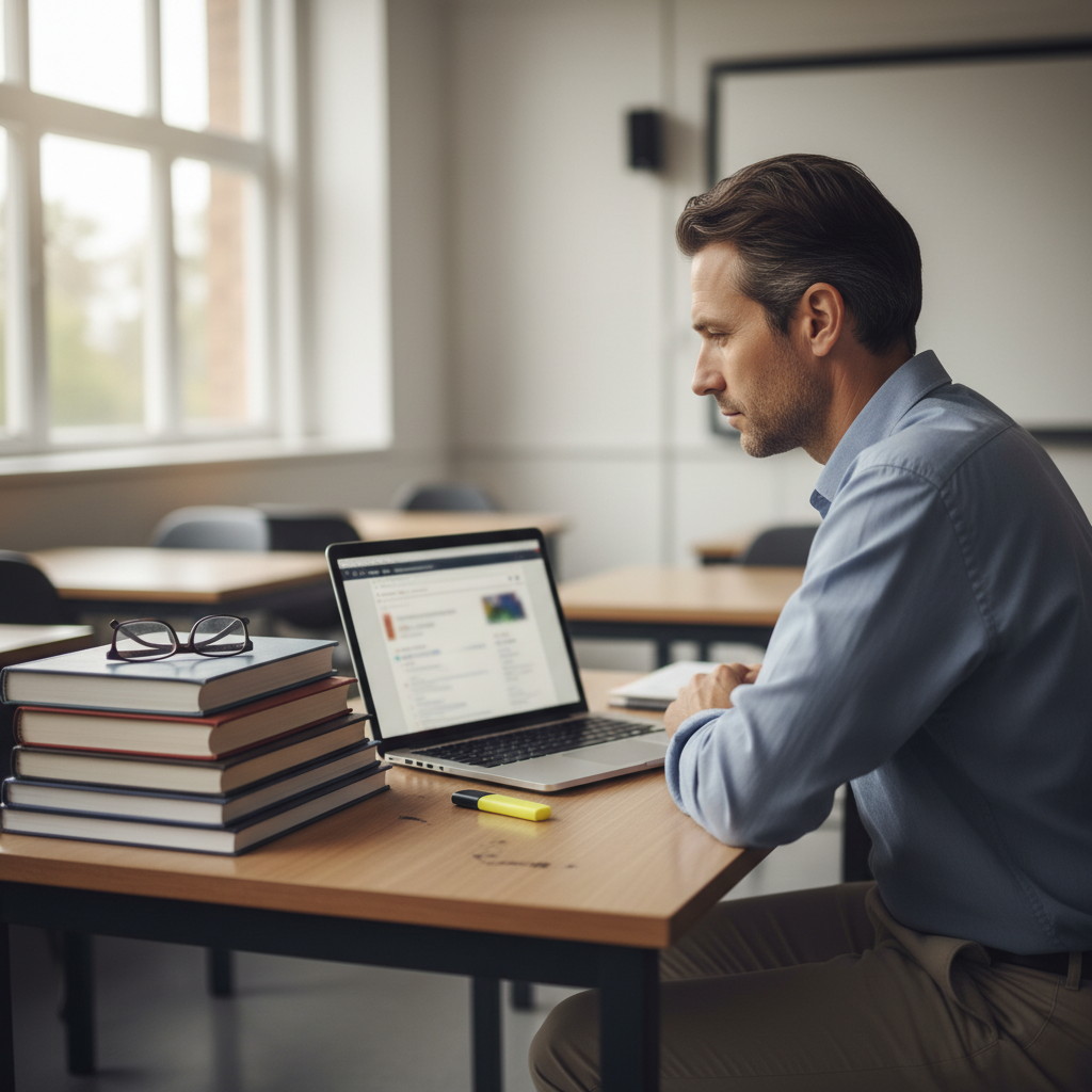 insegnante alla scrivania con laptop e manuali, fact-checking su limiti e potenzialità dell’AI a scuola