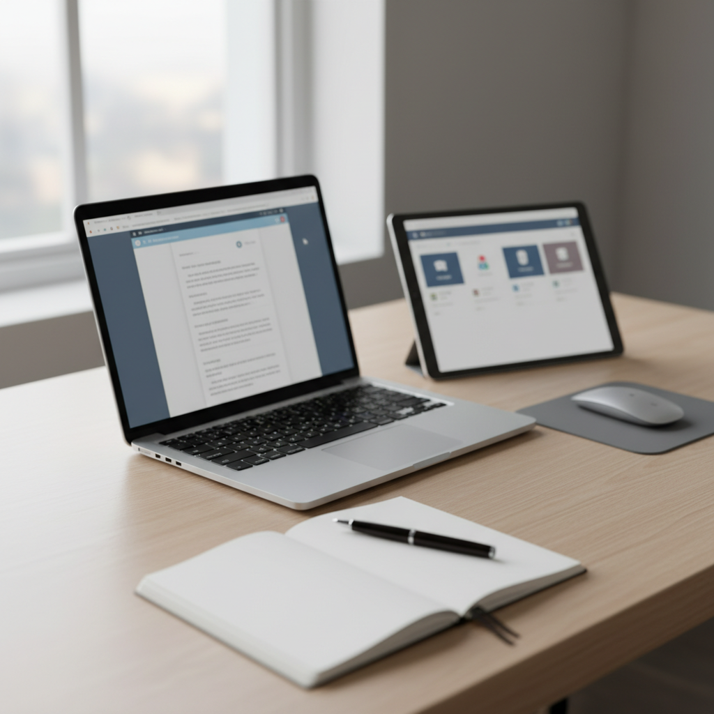 postazione di lavoro con laptop e tablet che mostrano Docs/Word e Classroom/Teams (sfocati), integrazioni Google e Microsoft