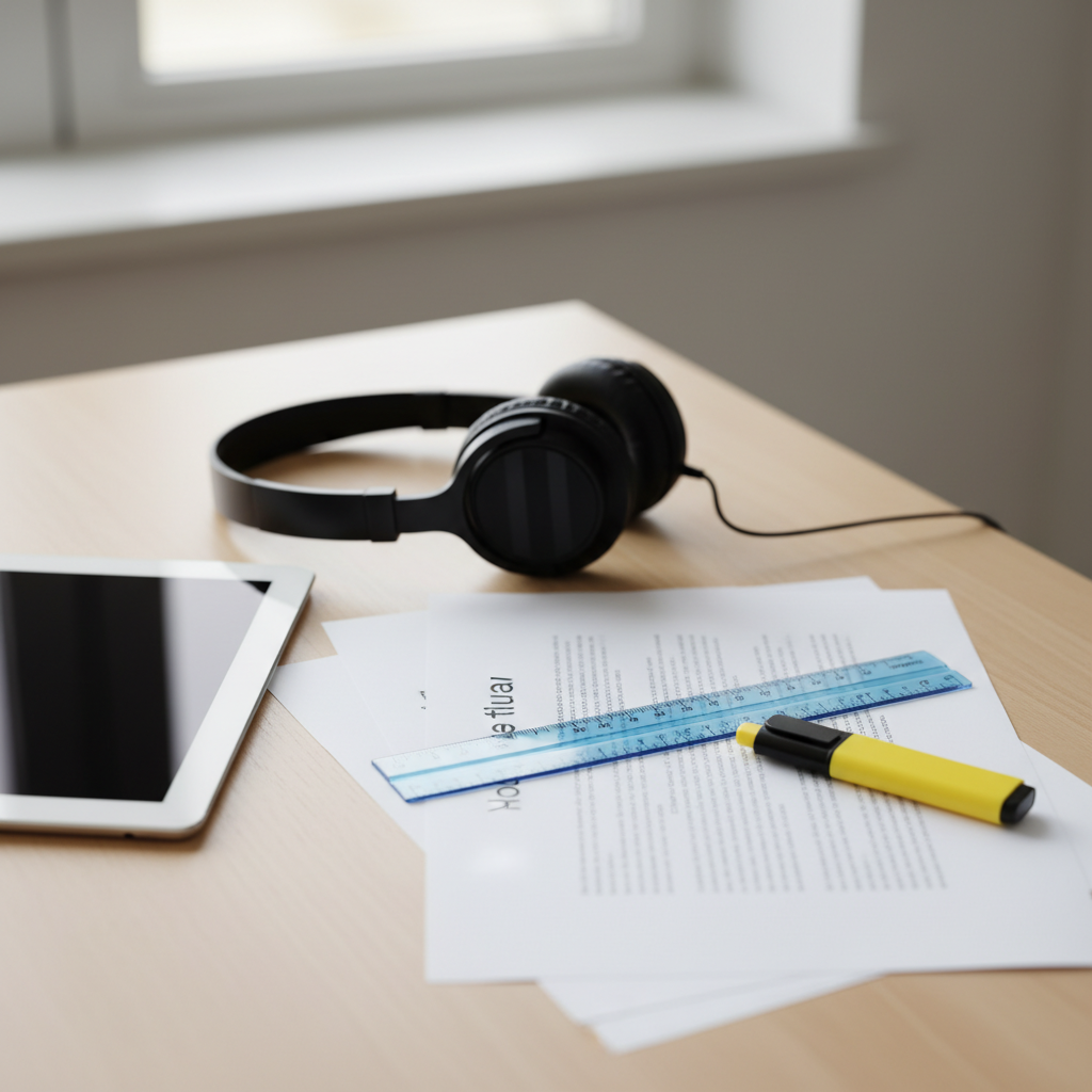 materiale ad alta leggibilità con righello guida, cuffie e tablet, adattamento testi per DSA/BES