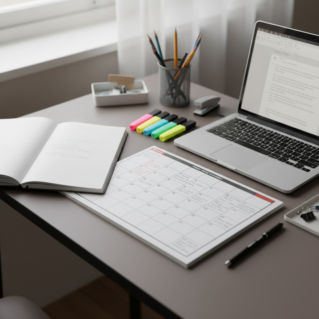 pianificazione didattica su scrivania con calendario e laptop, uso di ChatGPT per il lesson planning