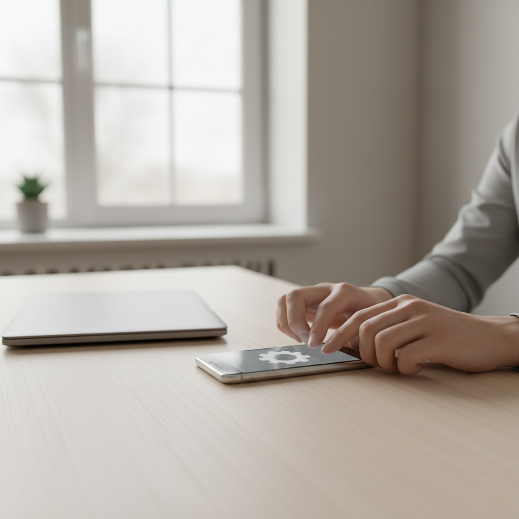 Mani che regolano privacy su smartphone su scrivania con laptop chiuso, luce naturale, focus su sicurezza dati a scuola