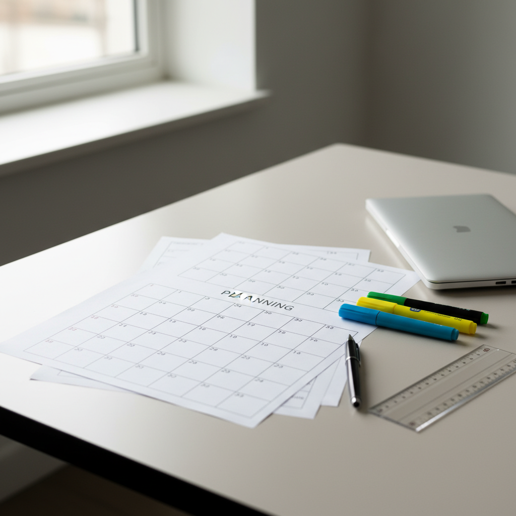 tavolo con tabella di programmazione annuale, righello ed evidenziatori, definizione di UDA e obiettivi misurabili