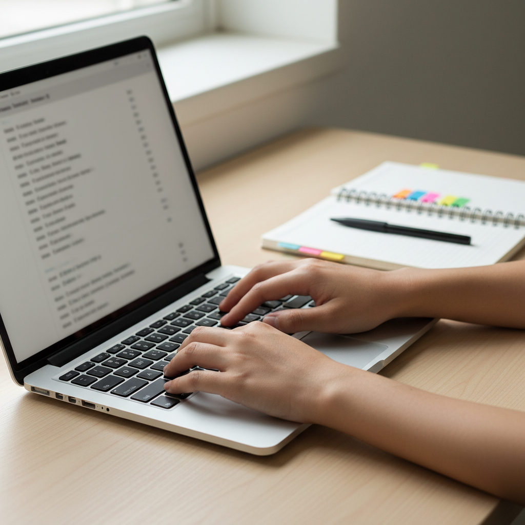 Mano che digita su laptop con lista di prompt sfocata, taccuino con segnalibri e penna, luce naturale, prompt pronti per studenti