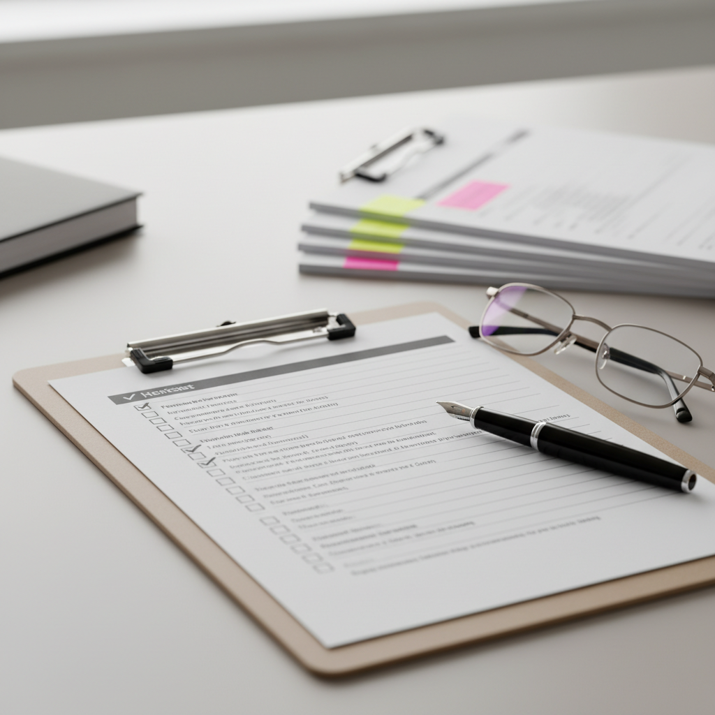 checklist su clipboard con documenti evidenziati, evitare over‑reliance, fact‑checking e bias