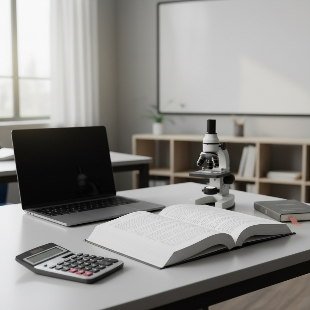 scrivania didattica con libro, calcolatrice, microscopio e dizionario, esempi di prompt per italiano, matematica, lingue e STEM