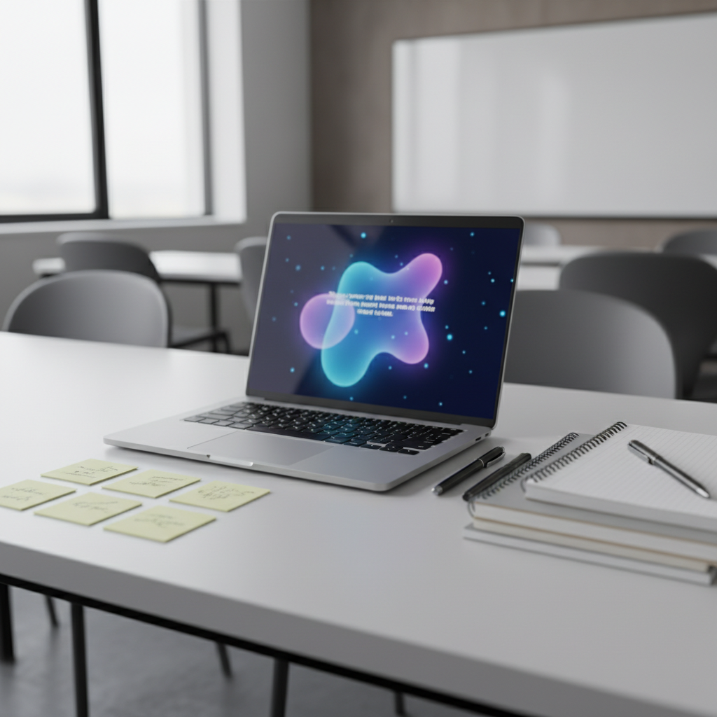 scrivania docente con laptop e strumenti, panoramica modelli generativi e casi d’uso a scuola