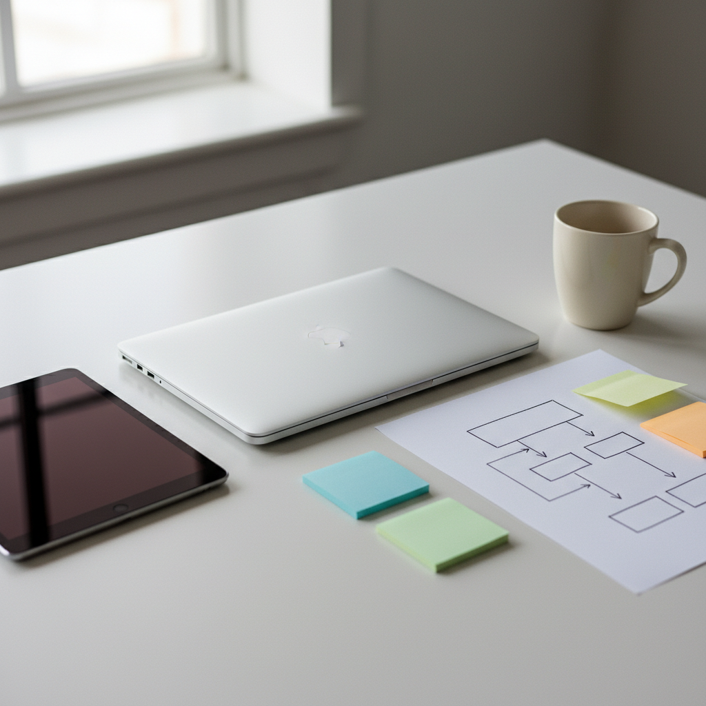 scrivania con laptop chiuso, tablet e diagramma di flusso, estensioni e plugin per PDF/Docs e LMS Google/Microsoft