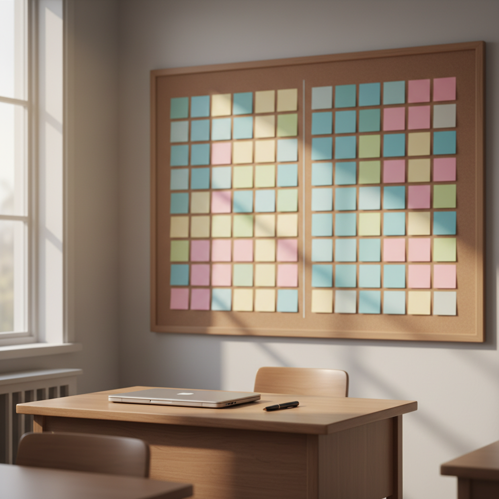 bacheca con post-it in quattro colonne per ruolo, contesto, obiettivo e output, struttura di un prompt efficace