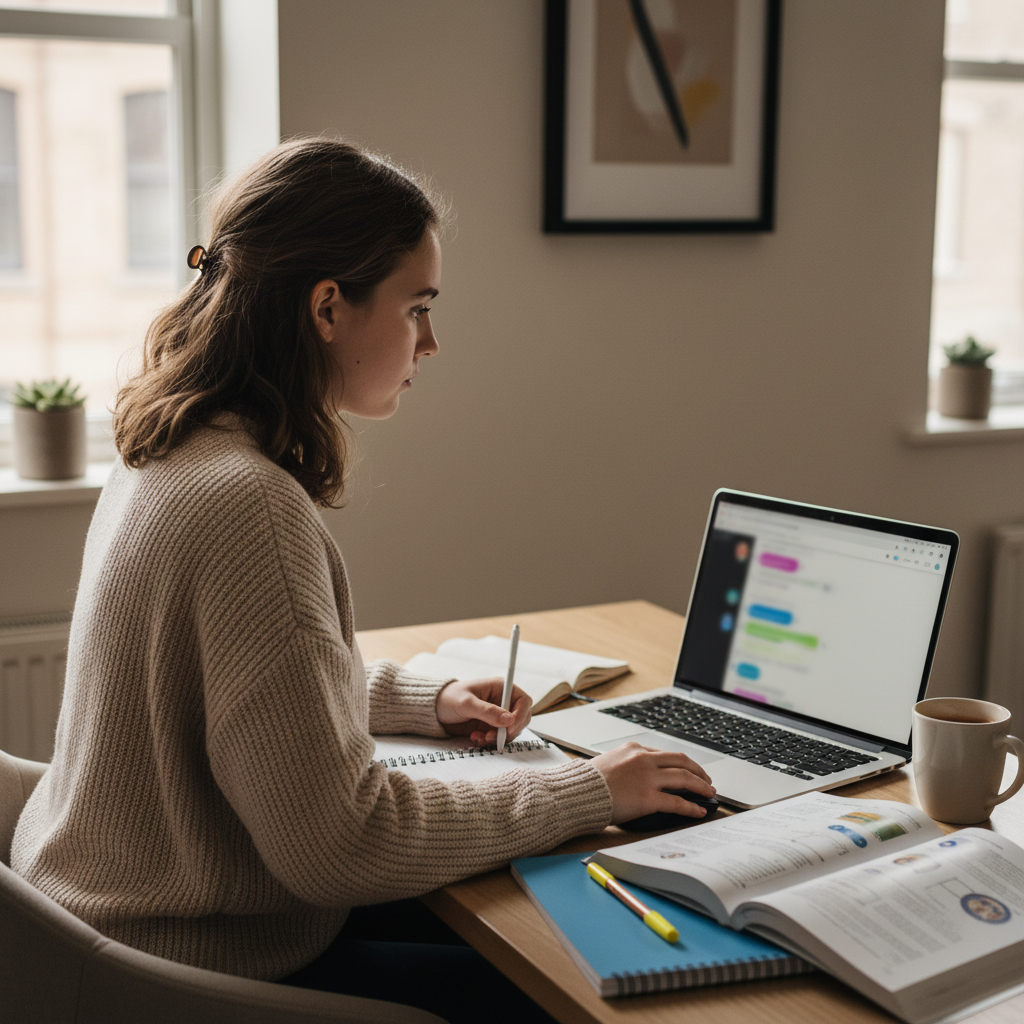 Studente delle superiori che studia con laptop e quaderni su scrivania a casa, luce naturale, focus su ChatGPT per scuola
