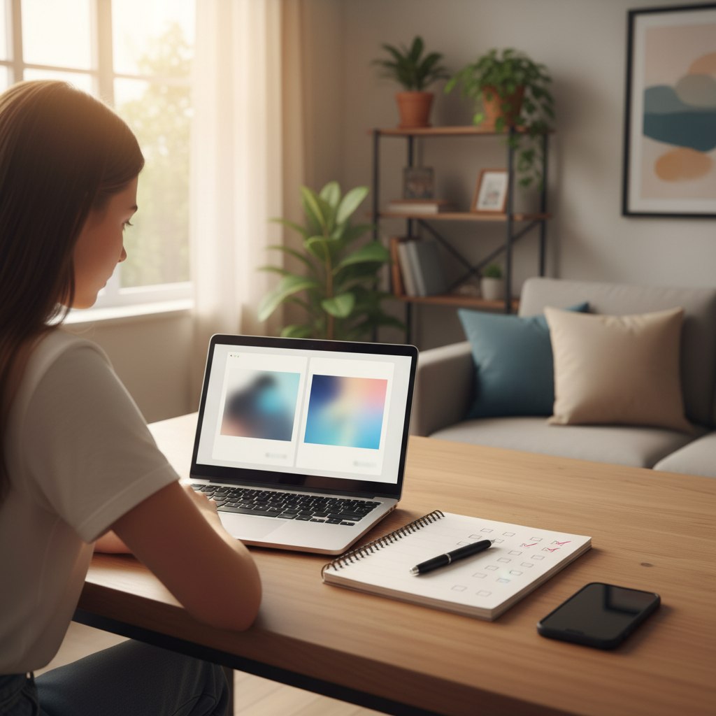 Studentessa confronta versioni ChatGPT gratis vs Plus su laptop, due schermate sfocate, taccuino impostazioni, luce naturale