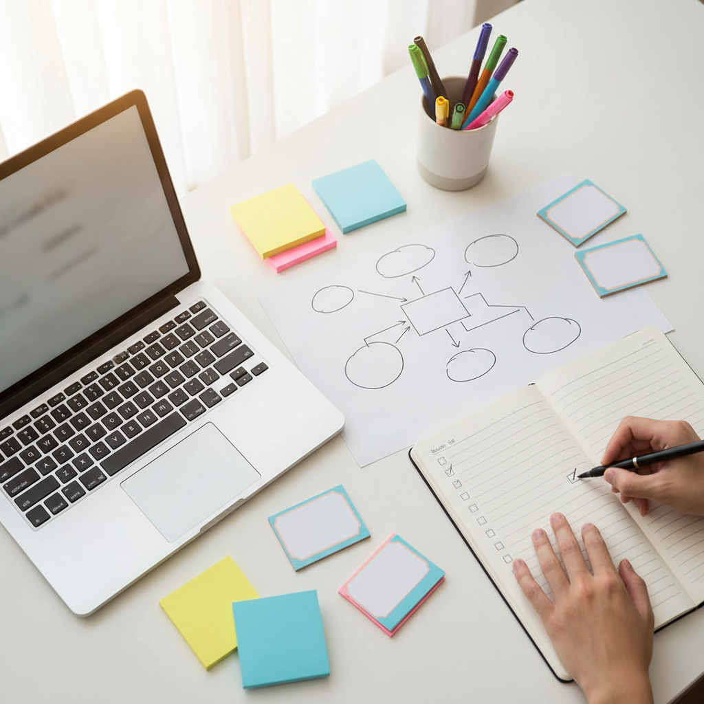 Scrivania di studio con laptop, mappa concettuale e flashcard, mano che spunta lista di cose da fare, luce naturale, casi d’uso ChatGPT