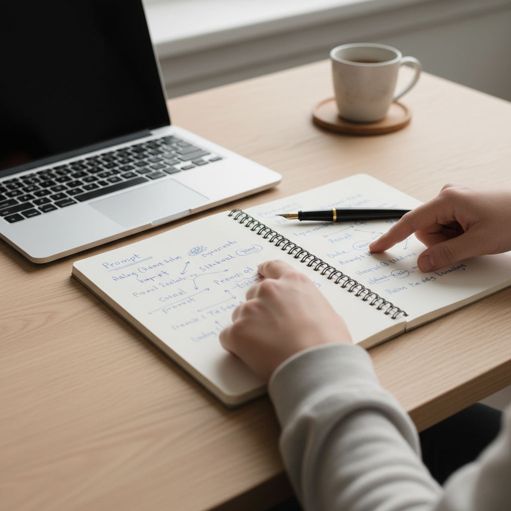 Quaderno con schema di prompt scritto a mano e mani dello studente, penna e laptop sfocato, luce naturale, tecniche di prompting