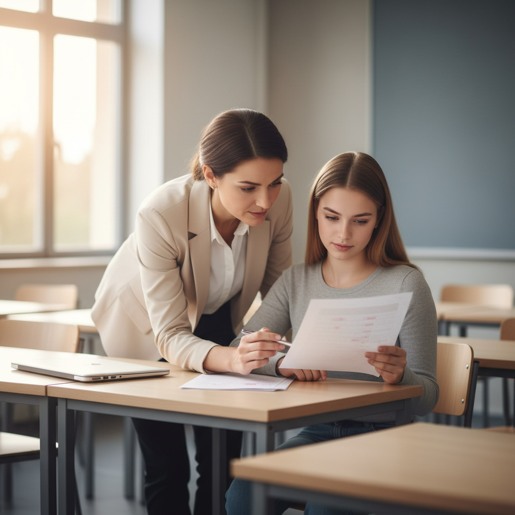 insegnante fornisce feedback a una studentessa al banco con foglio valutato, valutazione e feedback con l’AI